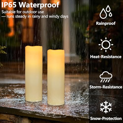 Image of Kimjo 14 inch x 4 inch Large Outdoor Waterproof Candles with Timer Remote, 4 Pack | Ivory, Battery Operated LED Flameless Pillar Candles, Electric Flickering Fake Candles for Patio, Lanterns, Porch Decor
