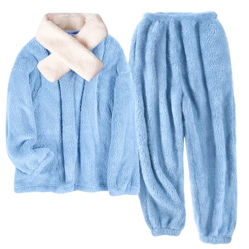 RITOSTA Pijama Mujer Invierno Polar Pijama Invierno Mujer Calentito Conjunto de Pijama Franela 3 Piezas Ropa de Dormir Pijamas de Navidad para Mujer con Pullover Bufandas Pantalones (Azul Puro,S)