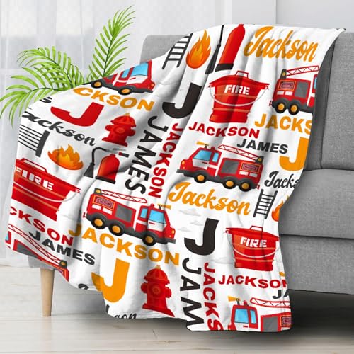 Image of Fire Trucks Firefighter Custom Blanket Gifts Personalized Fire Trucks Throw Blankets for Boys Girls Super Soft Fleece Flannel Air Conditioning Blanket for Couch Bed 60x50 in for Teen