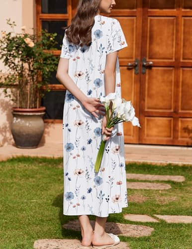 Image of Ekouaer Nightgown for Women Cotton Long Night Gown Short Sleeve Nightdress with Pockets Button Sleepshirt Soft Sleepwear