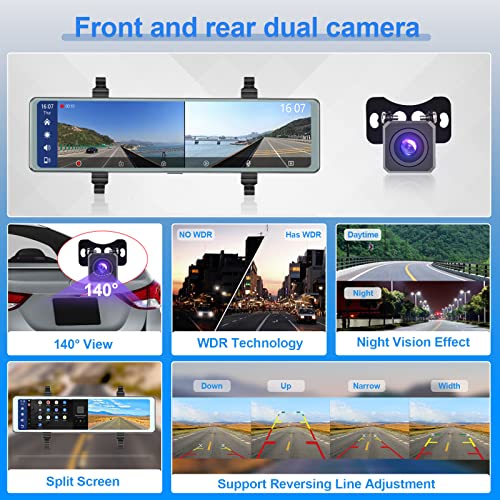 Hodozzy Camera Car Dash Cam Rear View Mirror Carplay Wireless Android Car Bluetooth 11.26 Inch Touchscreen IPS Screen DVR Front Rear View Cameras Night Vision WDR Mirror Dash Cam Video Recording FM - Image 4