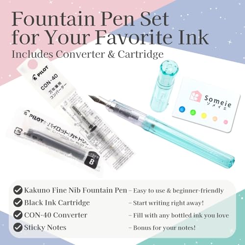 Image of Fountain Pen Set CON-40 Converter & Kakuno Fine Nib with Black Ink Cartridge & Sticky Notes - Refillable Ink System, For Beginners, Calligraphy (Blue FKA-1SR-KPL-F)