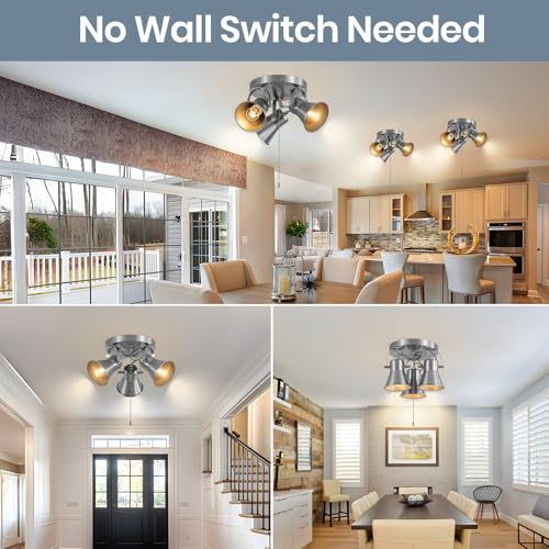 Image of 3-Light Ceiling Lights with Pull Chain, Adjustable Round Kitchen Ceiling Light, Morden Nickel Flush Mount Directional Track Light for Kitchen, Hallway, Dining Room, Bathroom, Coffee Bar