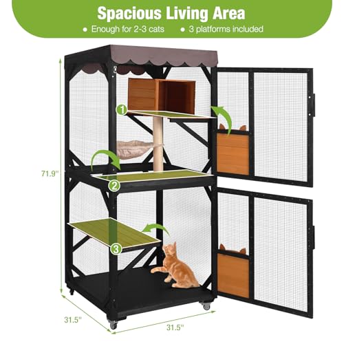 Image of GUTINNEEN Catio Outdoor Cat Enclosure on Wheels - Outside Kitty House with Upgraded Resting Box, PVC Layer, and Waterproof Roof - 71.9 inch Black