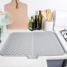 Large Silicone Dish Drying Mat for Kitchen - Built-in Drain Lip | Hygienic Drying Pad - Sturdy Compact Easy to Clean Tray Protects Surfaces Prevents Water Build Up (Grey, 58 x 43 CM)