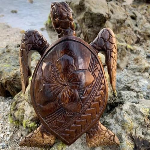5.9" Hand Carved Wood Sea Turtle Figurine - Small Hawaiian Honu Statue with Traditional Island Motifs - Artisan Tropical Decor for Desk, Shelf, Home & Office - Meaningful Collectible Gift (Hibiscus)
