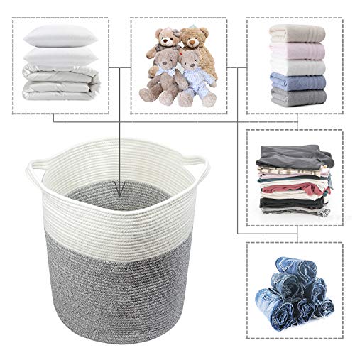 Laundry Basket 2Pc By Comfy-Homi Large Basket 18"X16" Tall Woven Cotton Rope Basket With Handles Decorative Basket For Blankets Round Storage Basket For Living Room,Clothes,Pillows,Towels (White Grey) #TOP5