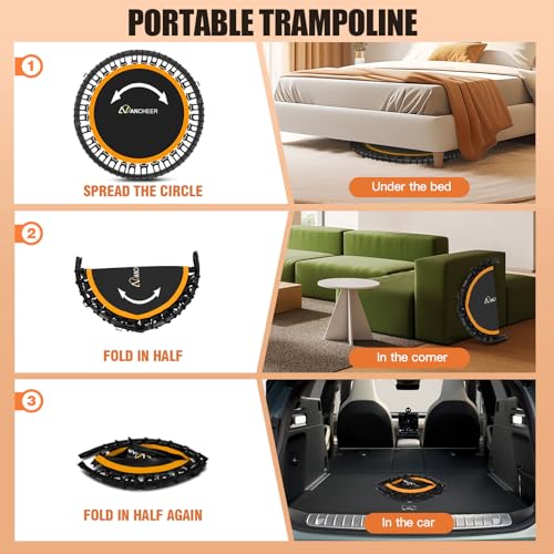 Image of ANCHEER 40 inch /48 inch Foldable Mini Trampoline,Max Load 450lbs /550lbs Indoor Trampoline,with 4 Level Adjustable Foam Handle and Resistance Bands,Adult Exercise Trampoline for Home, Garden, and Gym
