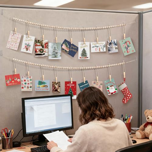 Office Cubicle Hanging Photo Display with Clips, 9 Wood Clips,2 Cubicle Clips for Fabric Wall, Photo Hanger for Boho Office Cubicle Decor, Boho Desk Decor