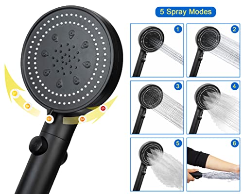 Soashower High Pressure Handheld Shower 5-Settings、Leakproof Extra Long 78 Inch Stainless Steel Hose、Adhesive Shower Head Holder（Height/Angle Adjustable）、Matte Black(Classic)、On/Off Pause Switch #TOP1