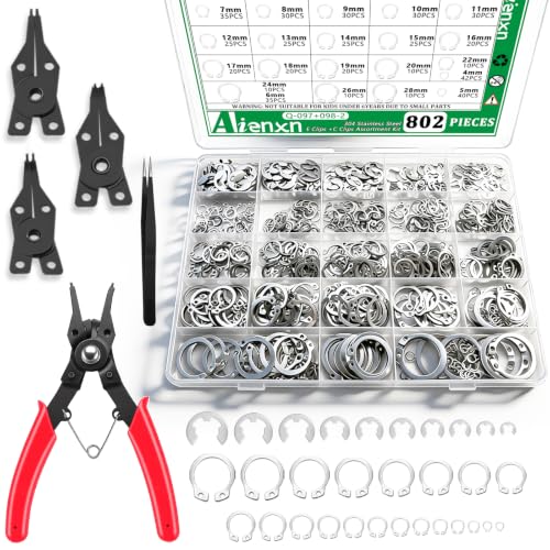Aienxn 802PCS Snap Rings Assortment Kit, E Clips Assortment Kit (1.5MM-10MM) and C Clips Assortment Kit (4MM-28MM), 31 Sizes 304 Stainless Snap Ring Kit with 5PCS Snap Ring Plier and 1PCS Tweezer