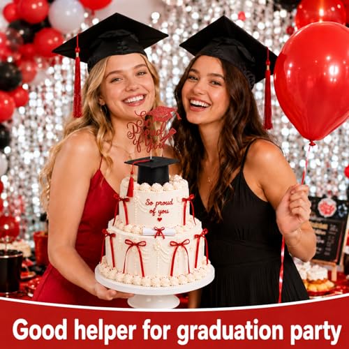 Graduation Cake Kit Included Felt Grad Cap with Tassel Red Bows Grad Cake Topper Graduations Party Supplies So Proud of You Cupcake Topper for Congrats Senior High School College Party Decor(Red Bows) by Naozinebi - Used condition - Image 7