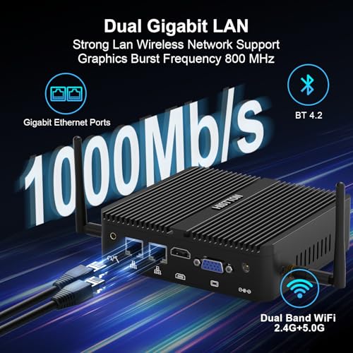 Image of HISTTON Fanness Mini PC J5005,Industrial PC Supp.Win 11 Pro,DDR4 4GB RAM 64GB SSD,Dual 1GbE LAN,WiFi 5, BT4.2, 2 RS232 COM,HD /VGA, USB3.0,Mini Desktop Computer