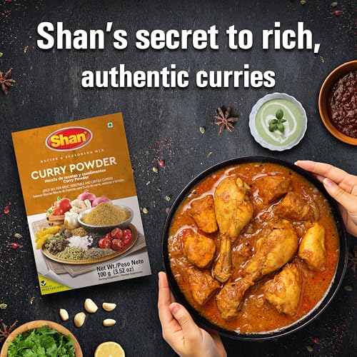 Shan Curry Powder Mix, 3.52 oz (100g) | Authentic Indian Spice Blend for Meat, Vegetable, and Lentil Curry | Vegan & Vegetarian Friendly | Cumin, Ginger, Coriander, Turmeric, Aromatic Seasoning | Perfect for Indian & Pakistani Curries, Marinades & Seasoni