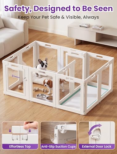 Image of DELOMO Clear Acrylic Indoor Dog Playpen, 24 inch H 12-Panel with 2 Doors, White