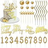 44 PCS Gold Happy Birthday Cake Toppers Set with Star Cake Toppers Ball Cake Decoration Spiral Candles Number Candles for Men Women Perfect Decoration for Birthday Celebration
