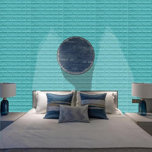 Image of 20 Pack Blue Self-Adhesive Waterproof PE Foam 3D Wall Panels 4mm Thickness Wallpaper Sticker for Bathroom, Living Room, and Home Decoration, 70 x 77cm, Appx. 5.8 Sq Feet.