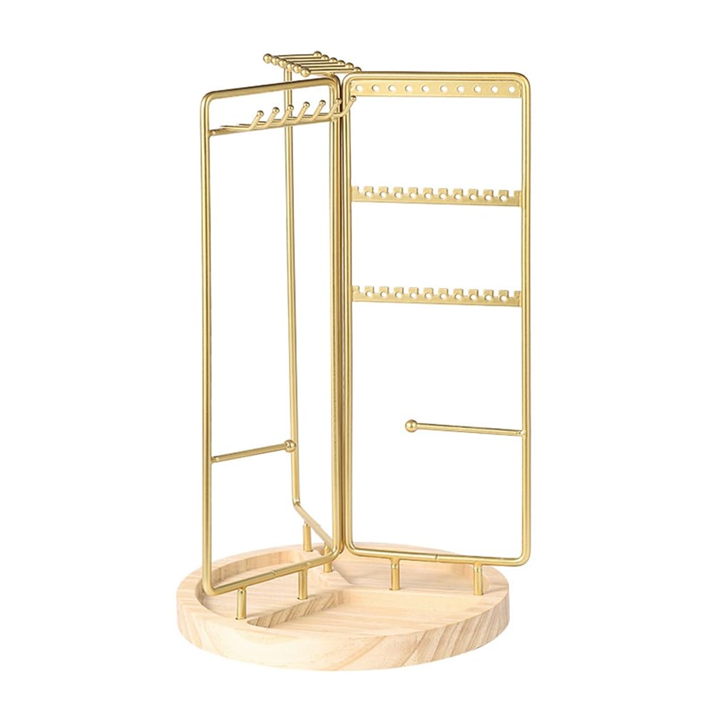 CTRLZS Jewelry Organizer Stand Rotating Jewelry Display with Metal Frame, with Bottom Tray, Jewelry Tower Organizer (Golden)