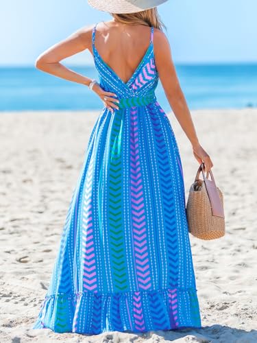 Image of CUPSHE Women's Summer Boho Maxi Dresses Sleeveless V Neck Beach Vacation Long Sun Dress Belted Flowy Tropical Resort Wear