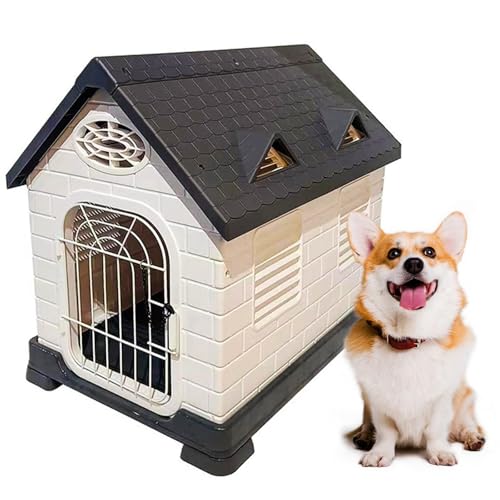 ENWYTE 犬小屋 中小型犬用 屋外用 プラスチック製 ペットハウス 鉄扉付き 通気性 日焼け対策 雨除け 水洗い可能 さびない 頑丈 室内/テラス/裏庭/屋外用 犬用ケージ ペットケージ ドッグケージ 小型犬用ケージ 中型犬用ケージ 犬用ケージ ペット