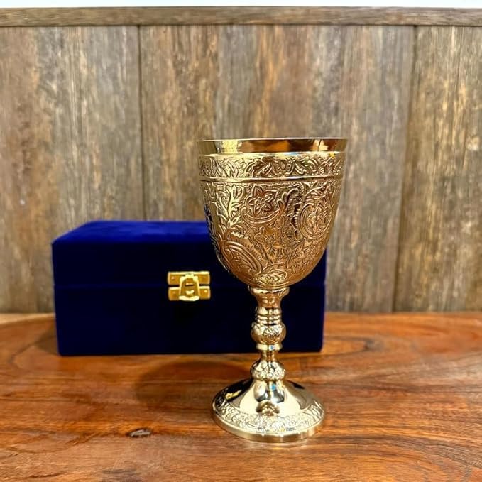 Handmade Brass Wine Goblet Vintage Style Polished Barware (200ml) With Velvet case Blue