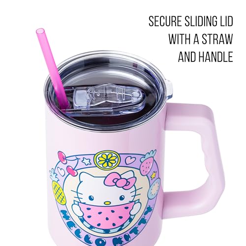 Image of Silver Buffalo Sanrio Hello Kitty Summer Kawaii Fruits Double Walled Stainless Steel Tumbler with Handle, Fits in Standard Cup Holder, 40 Ounces