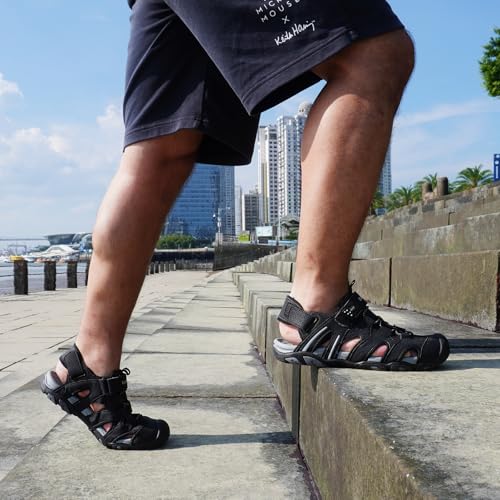 Image of Queday Mens Closed Toe Outdoor Hiking Sandals | Plantar Fasciitis, Thick EVA Cushion Midsole, 3 Adjustable Straps, Non-slip rubber outsole for daily walking recovery