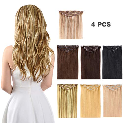 12" Clip in Hair Extensions Remy Human Hair for Women - Dirty Blonde Highlights Balayage Human Hair Clip in Extensions 50grams 4pieces #12-613 Color
