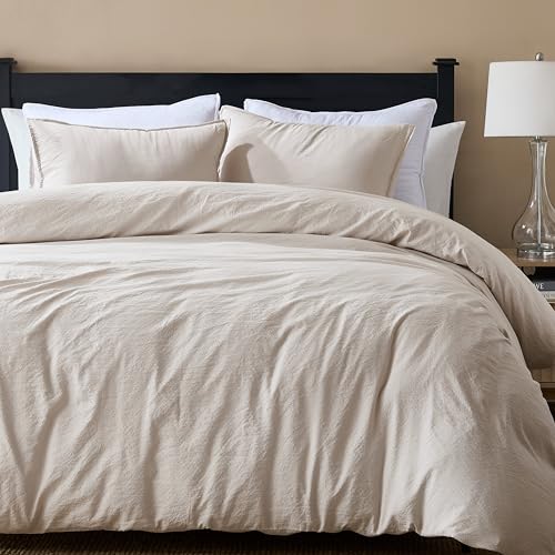 WDCOZY Beige Queen Size Jacquard Duvet Cover Set with Zipper Closure, Modern Washed Soft Striped Bedding, Textured Seersucker Like Cotton Line, 1 Duvet Cover and 2 Pillow Shams, No Comforter