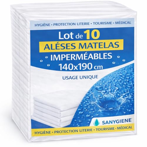 Lot de 10 Alèses Matelas Imperméables 140X190 cm Jetables – Lit 2 Places – Usage Professionnel – Fixation Élastiques – Anti-Fuites, Anti-Bactérien –...
