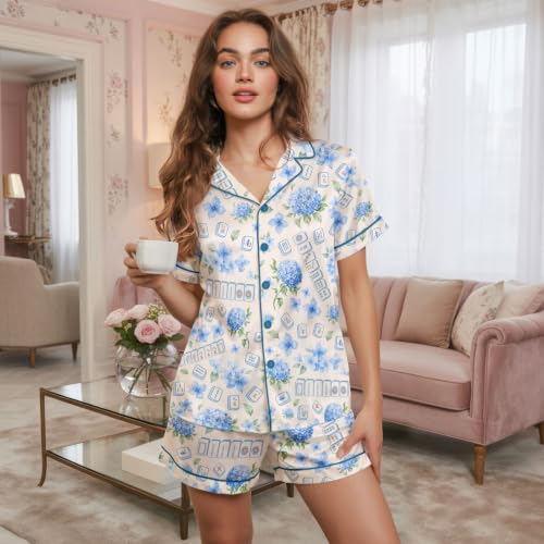 Image of Women's Satin Pajamas Set, Short-Sleeve Button Down Loungewear