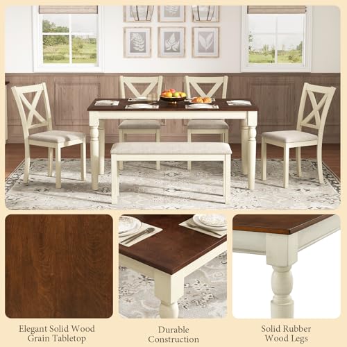 AMERLIFE 6-Piece Farmhouse Dining Table Set, 60” Solid Wood Table, 4 Upholstered Chairs and Bench, Rustic White and Walnut Finish, Seating for 6, for Kitchen or Dining Room - Image 3