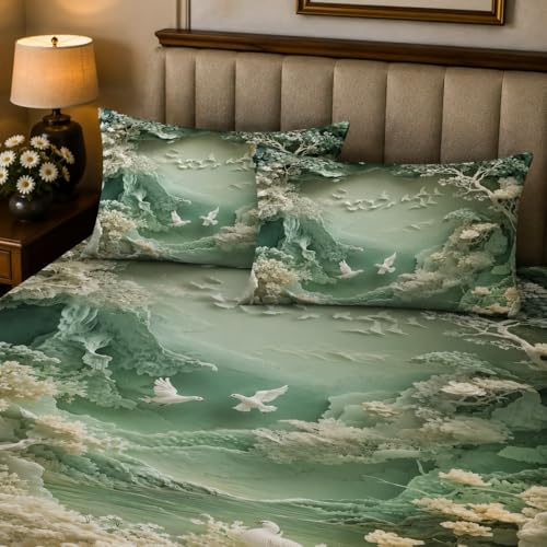 Image of 7D Digital Printed King Size Bedsheet with 2 Pillow Covers | Soft Premium Cotton Feel Microfiber Double Bed Bedsheet | Wrinkle Free & Fade Resistant | (Greenmulti2, KingSize-225x250CM)