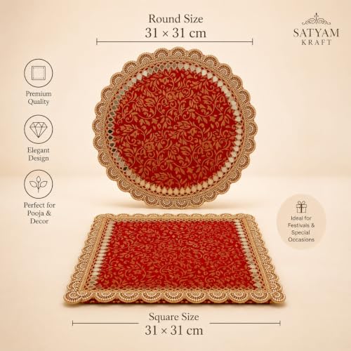 Image of SATYAM KRAFT 1 Pcs Ganpati Singhasan Backdrop Set| Red Gold Mirror Lace Decoration| 31x31 cm Square Round Backdrop with 10x10 cm Clamp| Ganpati Decoration Setup for Home, Ganesh Chaturthi Makhar