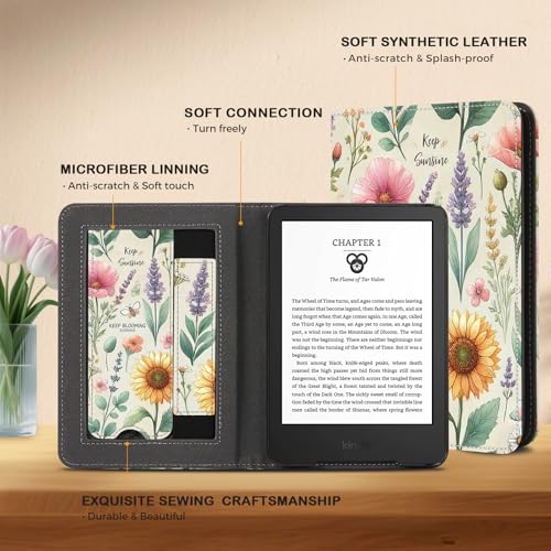 Image of CoBak Case for 6 inch E-Reader - PU Leather Smart Cover with Auto Sleep /Wake & Hand Strap, not Compatible with Kobo Clara,Sunshine Garden