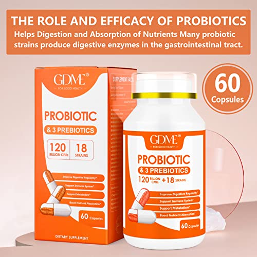 Gdme Probiotic Capsules, 60 Capsules 120 Billion Cfu 18 Strains, Contains 3 Prebiotics, For Men & Women, Once Daily Probiotic Dietary Supplement, Boosts Digestive And Immune Health #TOP2