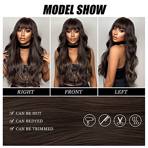 Dark Brown Water Wavy Wig With Full Bang Golden Highlight Long Synthetic Hair Wigs For Black Women Natural Looking Heat Resistant #TOP4