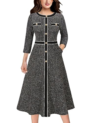 VFSHOW Womens Work Business Office Buttons Slim Fit and Flare Mid-Calf Midi A-Line Dress