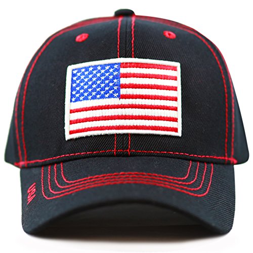 The Hat Depot USA Flag Athletic Curved Brim Baseball Cap (Black & Red)