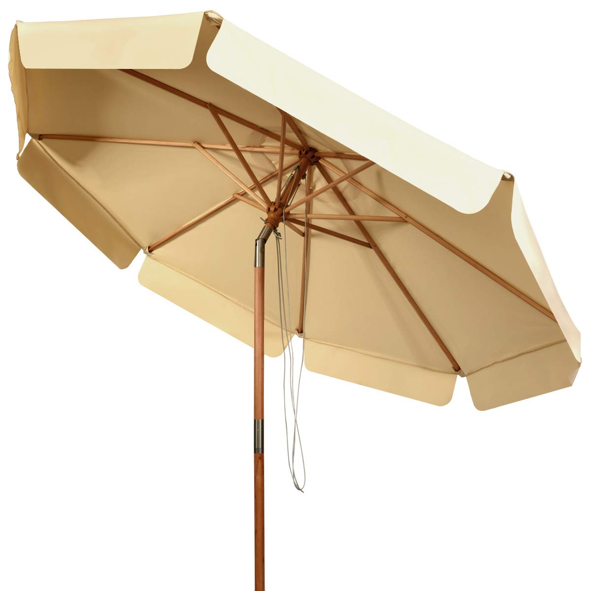 KOMFOTTEU Ombrellone da Giardino 3 m Regolabile in Altezza | Parasole in Legno di Faggio, con 8 Montanti, Manovella con Angolo Inclinazione 30°, senza Base, Beige