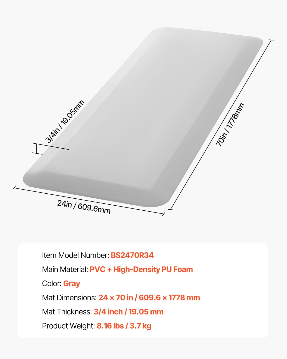 VEVOR Alfombrilla Anticaídas para Personas Mayores 61 x 178 mm Grosor de 19,05 mm con Borde Biselado Antideslizante para la Cabecera de la Cama para Personas Mayores, Discapacitados, Pacientes