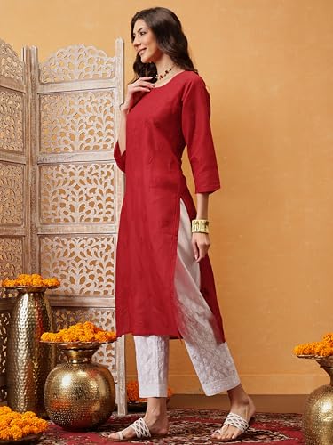 Image of Ada Hand Embroidered Lucknowi Chikankari Straight Cotton Kurta Kurti for Women A133488