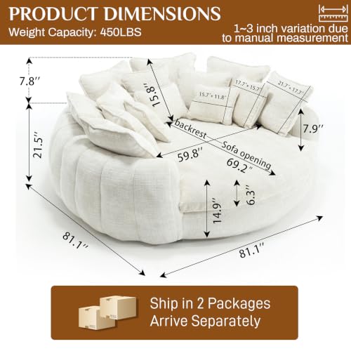 Image of 81 inch Round Sofa Bed Big Bean Bag Round Chaise Lounge Oversized Round Couch Boneless Reading Chair Plush Fluffy Chenille Large Chaise Chair for Living Room, Bedroom, Apartment, Beige