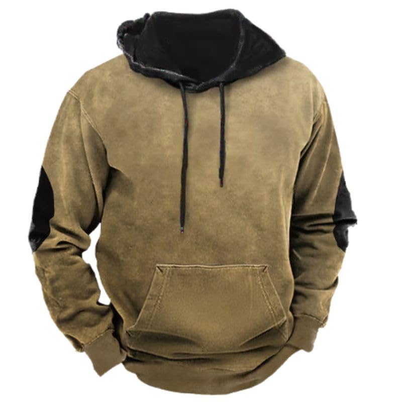 Vintage Color Block Patchwork Hoodies for Men Casual Long Sleeve Elbow Patches Hooded Sweatshirt with Pocket