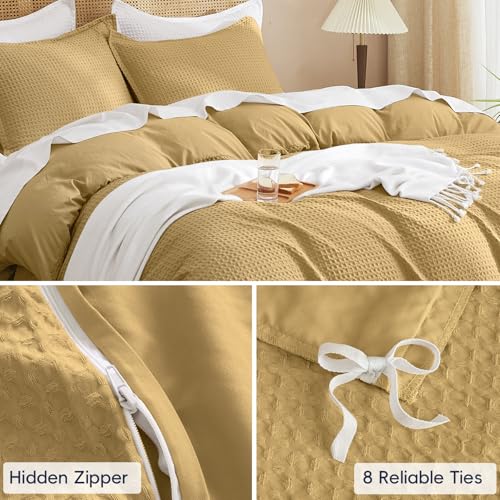 Image of PHF Waffle Weave Duvet Cover Set King Size, No Snagging Ultra Soft Luxury Textured Breathable Comforter Cover for All Season 3pcs, Durable Bedding Duvet Set with 2 Pillow Shams, 104 inchx90 inch, Antelope