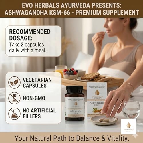 Image of Ashwagandha KSM-66 500 mg Capsules | 60 Veg Caps | Full-Spectrum Root Extract | Calm Focus, Sleep Support, Energy & Vitality | Ayurvedic Adaptogen | Made in India | Evo Herbals