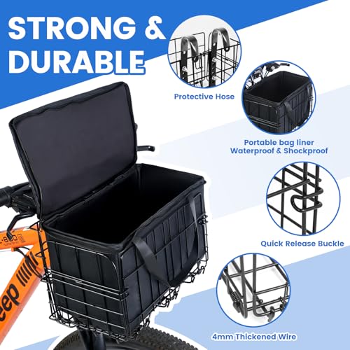 Bike Basket Front Bike Basket Folding Bike Basket with Removable Liner Bag Quick Release Bicycle Front Bicycle Bike Baskets Removable Small Pet Cat Dog Carrier Detachable Cycling Picnic Bag
