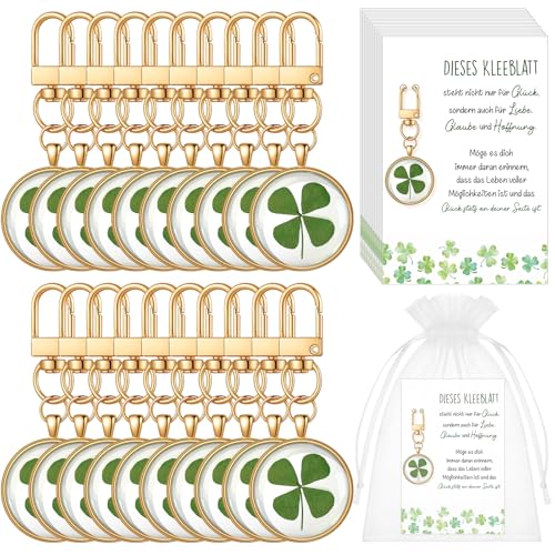 Maitys 20 Sets Kleeblatt Schlüsselanhänger mit Glückskarten Säckchen Glücksklee Glücksbringer für Prüfung Schulanfang Abschiedsgeschenk für Schulklasse Grundschule Viel Glück Geschenk für Neujahr
