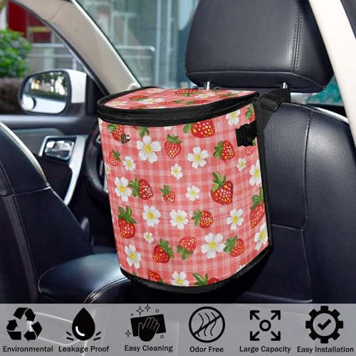 Image of Strawberry Florals Checkered Plaid Car Trash Can Car Garbage Bag with Lid Hanging Waterproof Leak Proof Vehicle Storage Bin