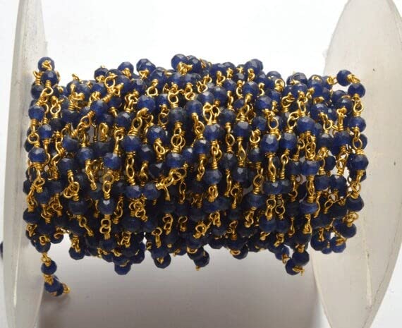 Saphir Bleu perle facettée chaîne chapelet dorée 3mm pour création